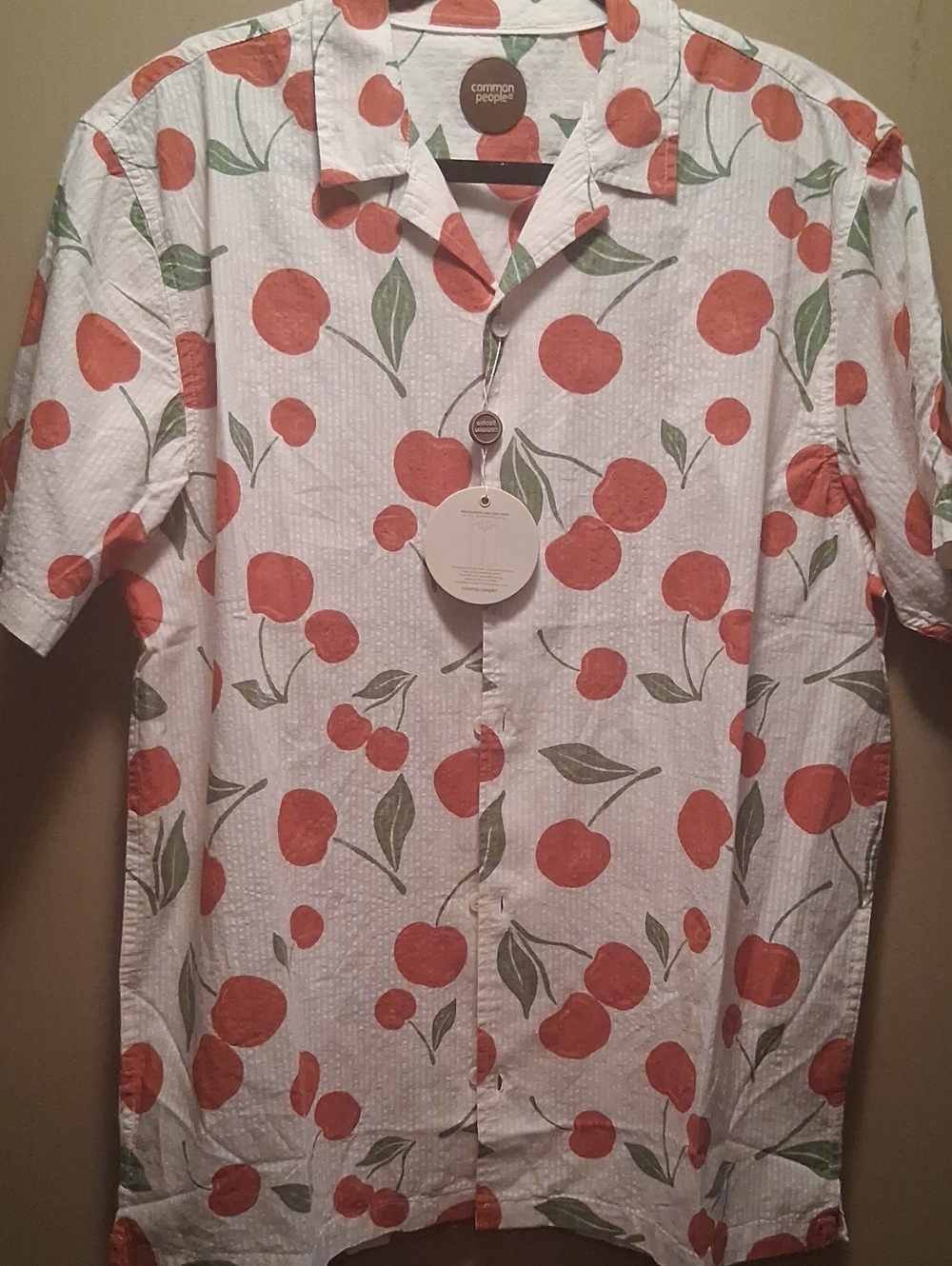 Common People Men's White Short-Sleeve Button-Up Shirt with Red Cherry Print L